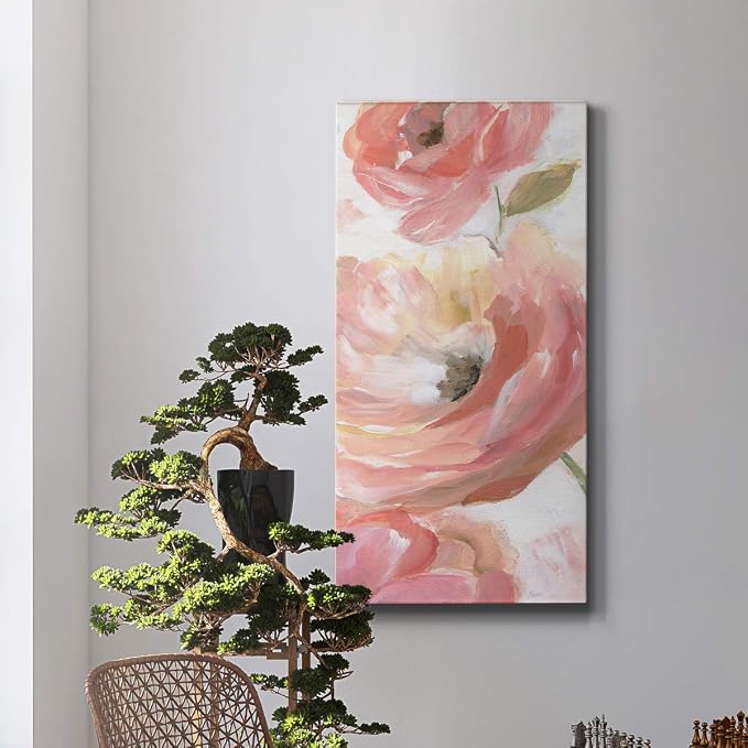 Renditions Gallery Canvas Floral Wall Art Modern Paintings & Prints Decorations Pink Blooming Flowers Glam Vibrant Botanical Wall Hanging Artwork for Bedroom Office Kitchen - 12"x24" LT43