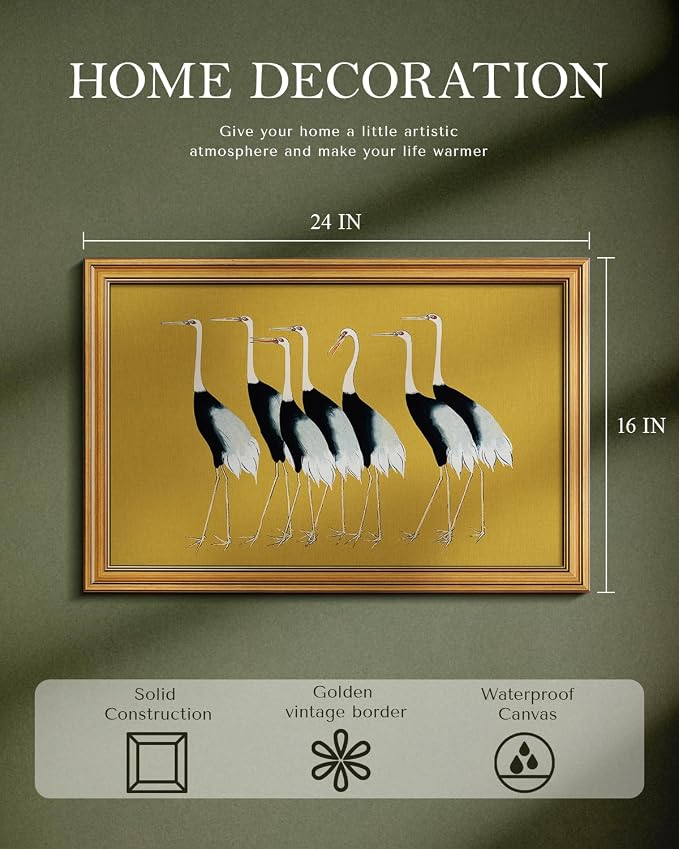 WHASAYART Gold Framed Vintage Wall Art for Living Room, Animals Painting Prints Shelf Decor for Kitchen, Aesthetic Bedroom Wall Art Decor, Christmas Gifts for Friends or Family Seven Cranes 16"x24"