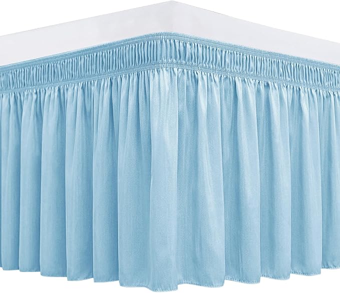 Wrap Around Bed Skirt Full Size 15" Drop-Elastic Dust Ruffle Light Blue | Adjustable Pleated Bedskirt-Easy Fit Wrinkle Resistant Washable Bed Skirting-Hotel Studio Apartment Home Guest Bedroom Rental