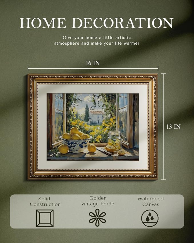 WHASAYART Vintage Gold Framed Bowl and Jar Lemon Canvas Wall Art 13x16 Inch | Summer Rustic Cottage Farmhouse Window Scene Garden View Painting, Dining Room Still Life Home Kitchen Wall Decor
