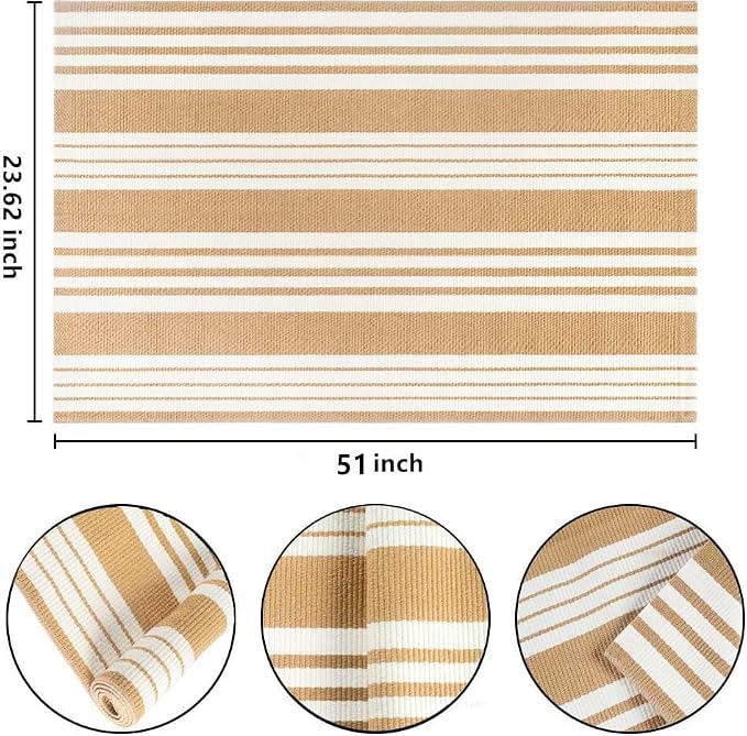 Khaki and White Striped Outdoor Rug 24'' x 51'' Front Porch Rug Hand-Woven Machine Washable Indoor/Outdoor Layered Door Mats for Entryway/Bedroom/Outdoor