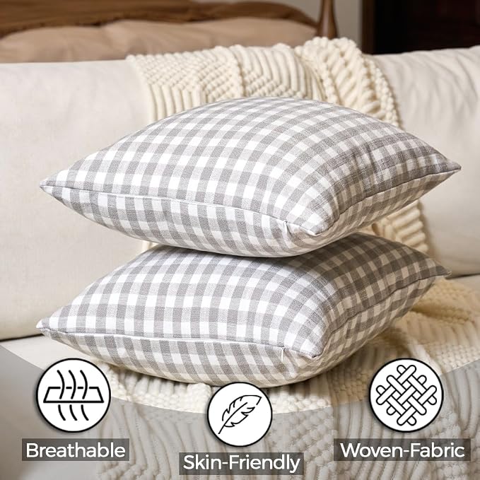 Vintage Light Grey Throw Pillows Gray Gingham Plaid Pillow Covers 16x16 | Set of 2 Gray Pillow Covers 16 x 16, Vintage Farmhouse Cottage Core Decor, Grey and White Neutral Room Decor Pillow Covers