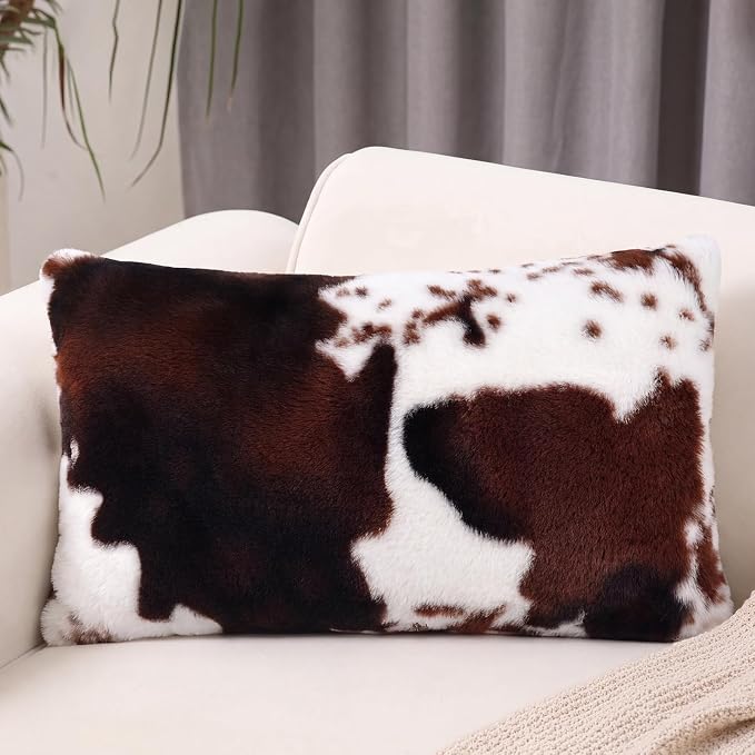 cygnus Cow Print Lumbar Pillow Covers 12x20 inch | Fluffy Fuzzy ，Decorative Square Faux Fur Throw Pillows， for Couch Sofa Living Room Bedroom Decor