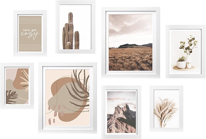 Gallery Wall Frame Set, 8 Pack Neutral Wall Decor, White, Small | Minimalist Collage Picture Frames Wall Art for Living Room, Entryway, Stairway, Bedroom, Assorted Size