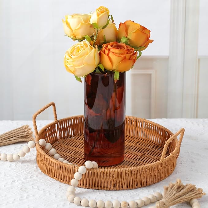 Amber Cylinder Vases, 8 Inch Tall, Amber Ribbed | Flower Vases Hurricane Floating Candle Holder, For Halloween & Fall Table Decor, Floating Candle Glass Vase