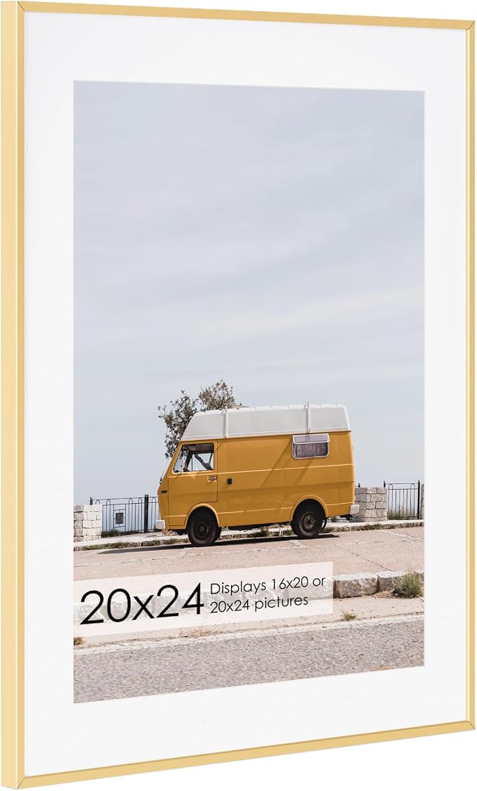 20x24 Metal Picture Frame with 16x20 Mat, Brushed Aluminum Finish, Tempered Glass Front, and Attached Hanging Hardware - Wall Display Frames for Vertical or Horizontal Orientation(Gold, 1 Pack)