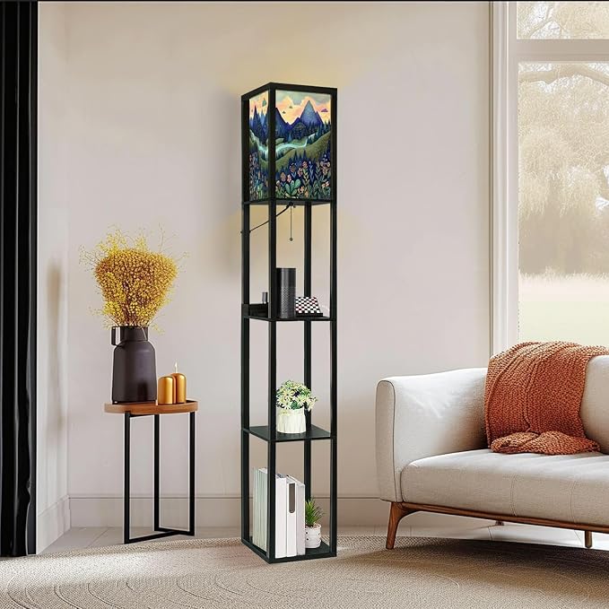 Floor Lamp with Shelves Luxuriant Forest Floral Patterns Artful Woodcut Print Standing Tall Lamp USB Ports & Power Outlet Modern Corner Lamp Nightstand Light for Living Room Bedroom