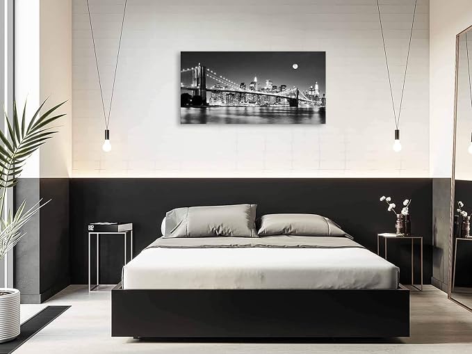 Baisuart-Q30350 Brooklyn Bridge Night View 1 Panels Landscape Artwork Canvas Prints Moon Night New York City Scene Picture Paintings Black and white Wall Art for Oiffce Home Decorations Wall Decor