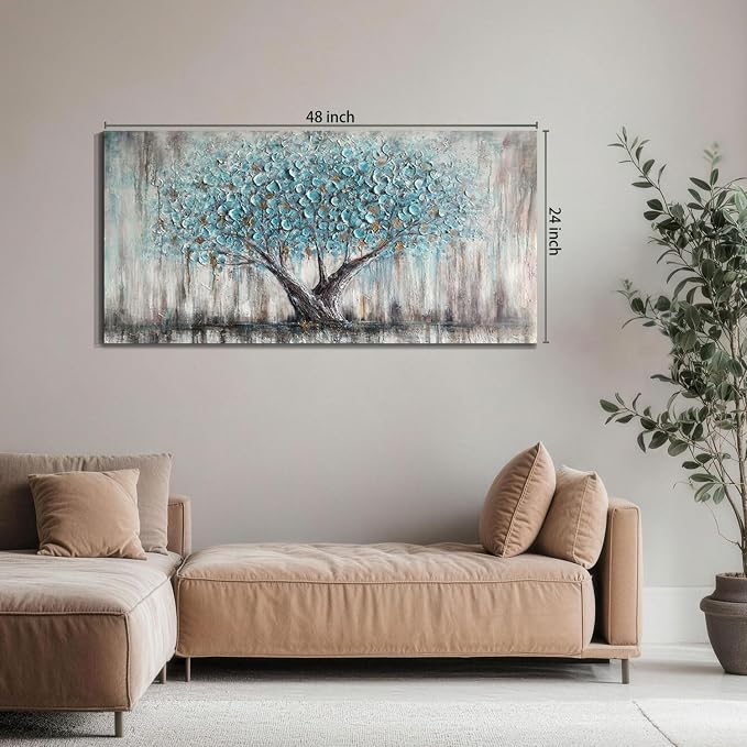 Arjun Tree Wall Art Canvas for Living Room Blue Tree of Life Nature Teal Abstract Painting, Textured Picture Modern Panoramic Landscape Artwork Large Framed Bedroom Home Office Decor 48"x24"