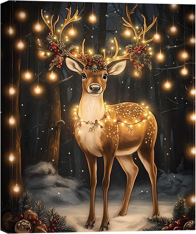 Christmas Reindeer Wall Art Framed 8x12, Cottage Winter Forest Wildlife Deer Picture Wall Decor, Rustic Xmas Cozy Winter Hanging Canvas Prints for Home Bedroom Living Room Decoration