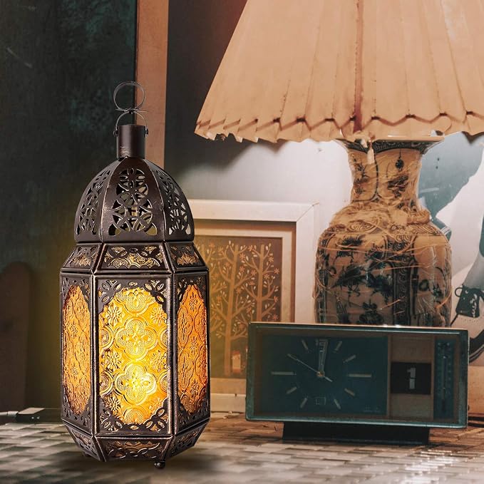 Lewondr Ramadan Lantern Decorations, Glass Moroccan Bookshelf Lantern, Gold | 12 Inch, Portable Candle Holder, Hanging or Tabletop, Metal Hollow-Out Design, Vintage Decorative, for Home Porch Patio Decor