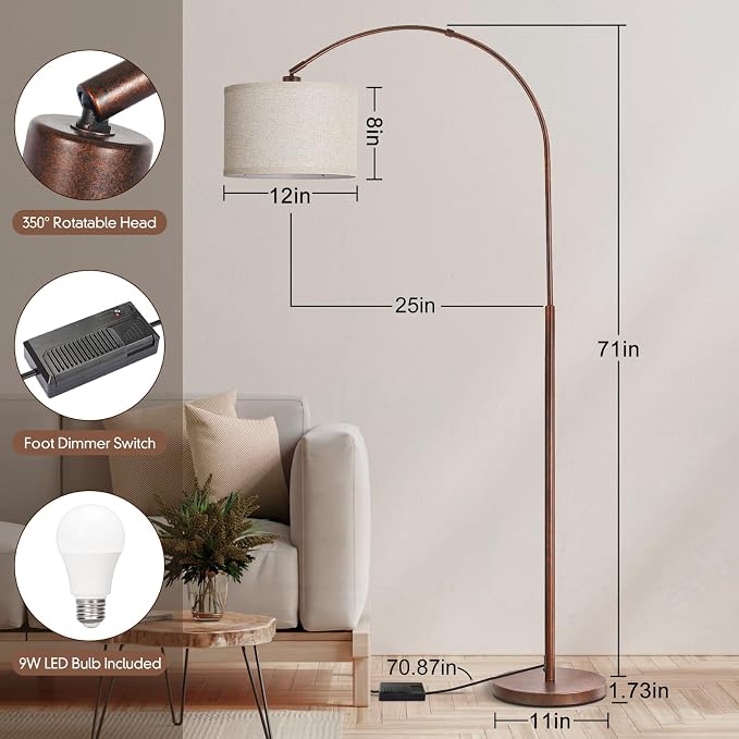 Dimmable Arc Floor Lamps, Antique Bronze Lamp with Adjustable Hanging Shade