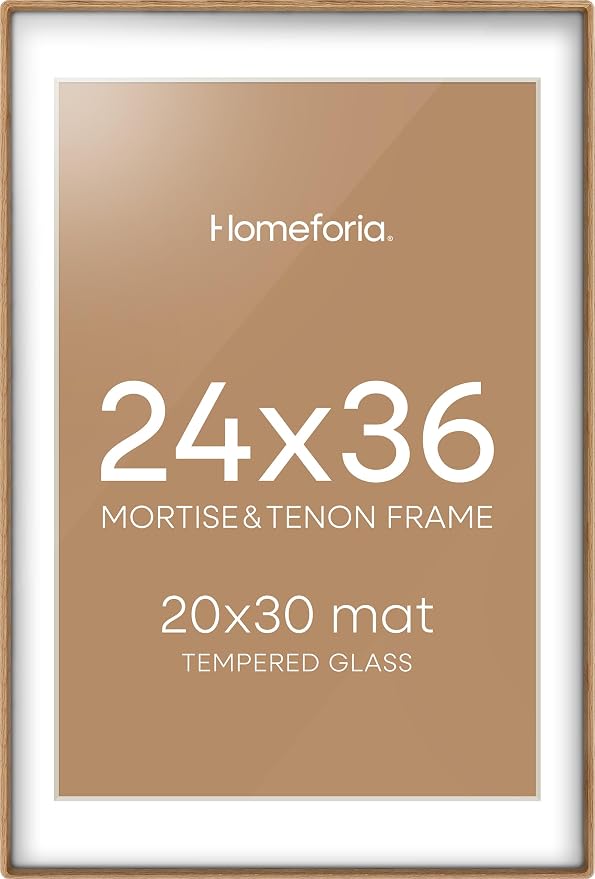 Homeforia 24x36 Mortise&Tenon Natural Oak Poster Frame, 20x30 Mat, Glass
