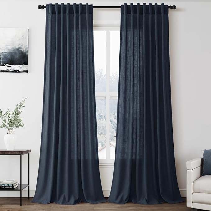 Vintage Blue Linen Curtains 102 Inches Long Rod Pocket Back Tab Drapes 2 Panels Set for Living Room Light Filtering Semi Sheer Vintage Blue Curtain 102 Length for Patio Door Bedroom 52x102