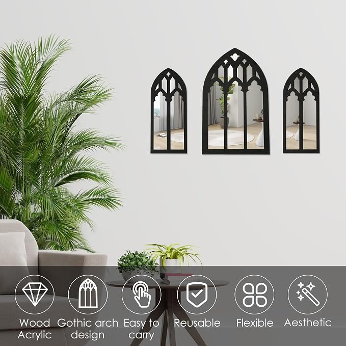 3 Pcs Gothic Arched Window Wall Mirror Set, Cathedral Arched Mirror Decor, Self-Adhesive Wall Mount for Living Room, Bedroom, Bathroom, Vanity, Entryway (31-B Model, Black)