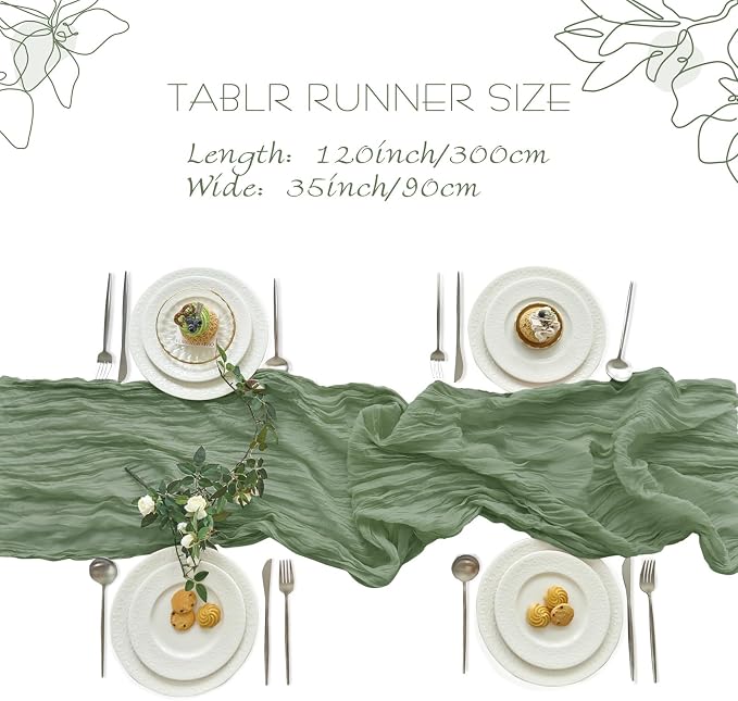 IVAPUPU Sage Green Table Runner 120 Inches for Birthday Party Home Decor | 6 Pcs Boho Gauze 10FT Cheesecloth Table Runners for Wedding Baby Shower Decorations Summer Garden Farmhouse