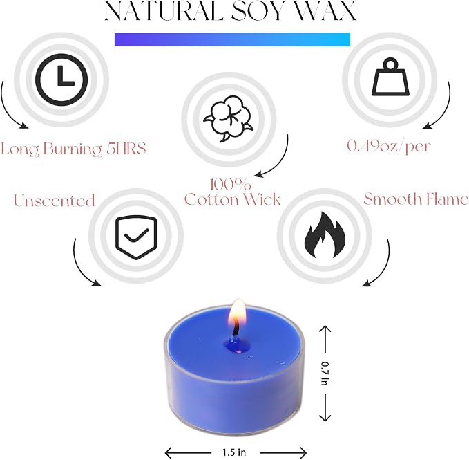 12 Indigo Unscented Natural Soy Tealight Candles in Clear Cup