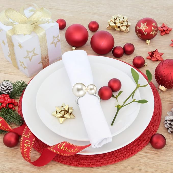 Kesote Pearl Napkin Rings Set of 6, Silver Napkin Wraps | Napkin Holder Rings, Formal or Casual Dining, Table Decor