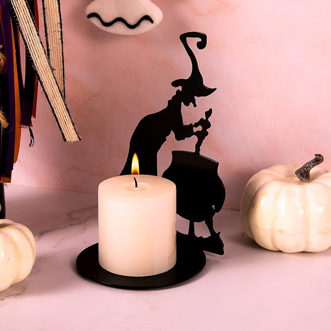 2 Set Halloween Candle Holder Spooky Witch with Cauldron Broom Black Candlestick Pedestal All Hallows Eve Table Centerpiece Table Decor