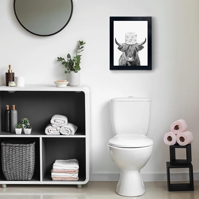 YongArt Black Framed Bathroom Decor - Funny Highland Cow Wall Art in Bathtub, 8x10''