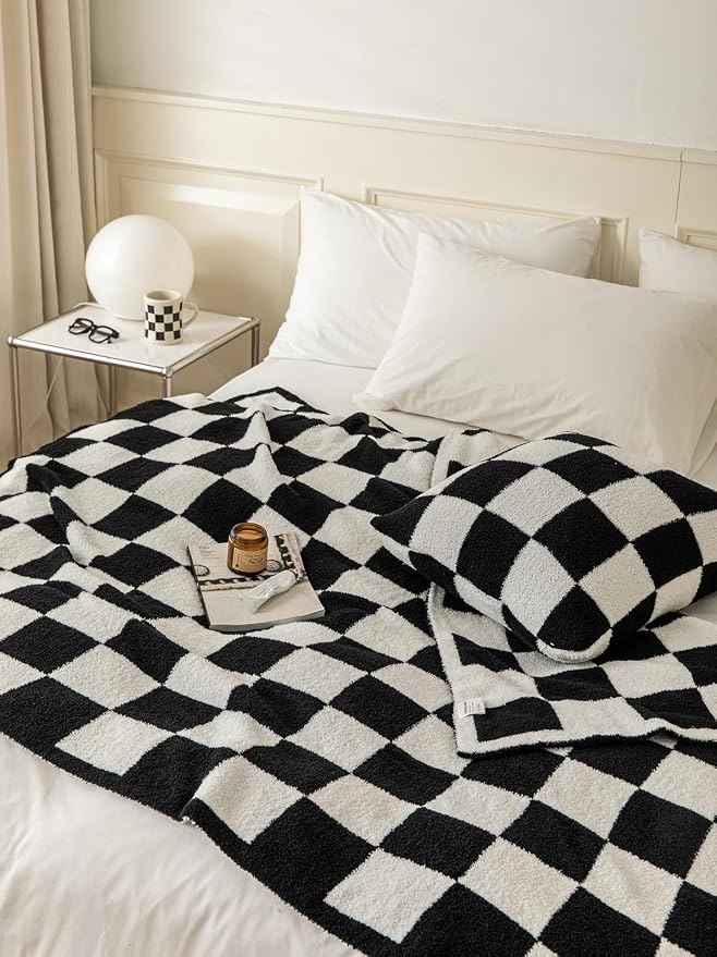 Ultra Soft Cozy Buffalo Checkerboard Grid Fluffy Microfiber Knitted Throw Blanket Lightweight Checkered Bed Blanket for Sofa Couch Bed Black 51"X63"
