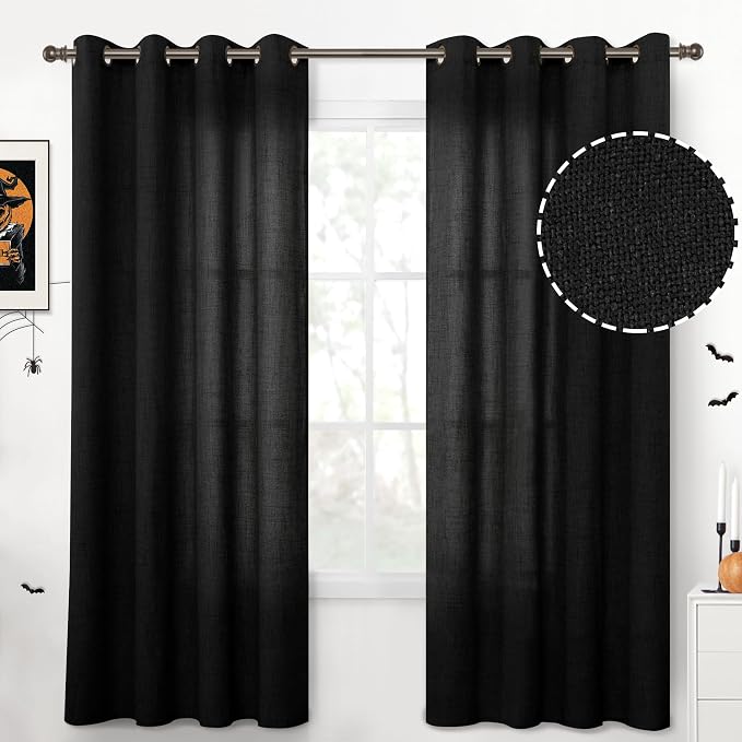 YoungsTex Black Linen Semi Sheer Curtains 72 Inches Long for Living Room | Light Filtering Textured Drapes Privacy with Bronze Grommet Halloween Decor for Bedroom Ofiice, 52 x 72 Inch, 2 Panels