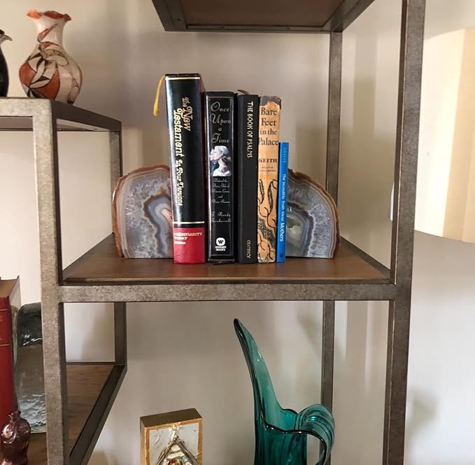 JIC Gem Natural Agate Geode Bookends Anti-Slip Rubber Bumpers 1 Pair 4-6Lbs | Heavy Duty Crystal Book Stoppers Cute Crystal Book ends Decorative Stone Book Supports for Shelf Desktop Home Office Decor