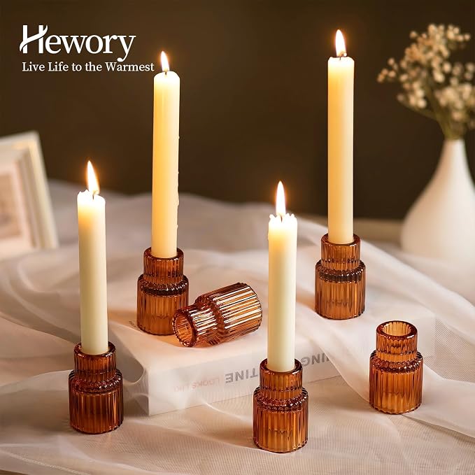 Hewory Glass Candlestick Holders Bulk, 10PCS Amber Taper Candle Holders | For 0.86" Taper Candles, Ribbed, Vintage Candle Sticks Holder Decor, Wedding Table Centerpiece Fall Thanksgiving Home Decor