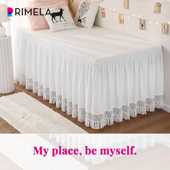 RIMELA Tassel Trim Dorm Bed Skirt Twin XL 36 Inch Drop, Wrap Around Elastic Dust Ruffle Easy to Install, Bedskirt Solid Silky Fabric Machine Washable, Bedroom Decor