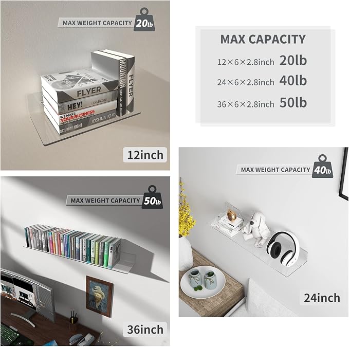 Sezanrpt Acrylic Wall Shelves 36 24 12 Inches, Clear Floating Shelf for Wall, Wall Mounted Display Shelves for Plants, Radio, Funko Pop, Stuffed Animal, Books, Clock, Cosmetics, Toiletries
