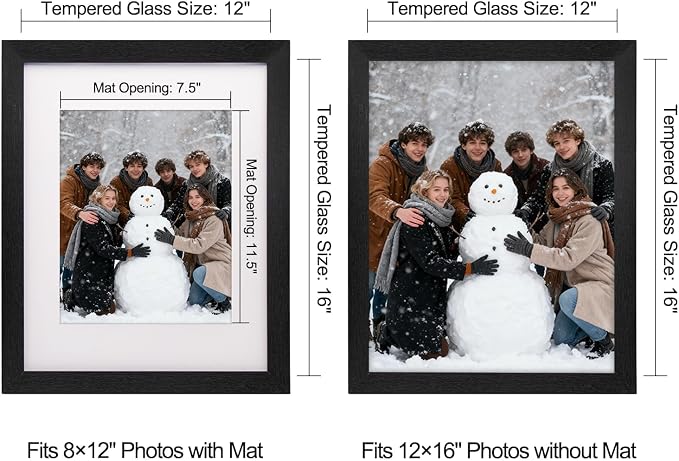 12x16 Picture Frame-Black,8x12 Mat,Tempered Glass,Engineered Wood