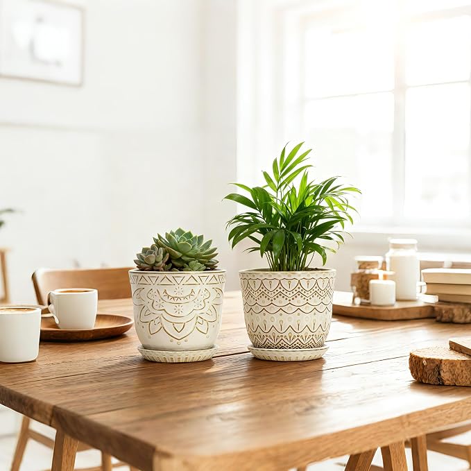 Gepege Ceramic Plant Pots, 6 Inch Indoor Planters with Drainage & Saucers | Ceramic pots for plants with drainage holes, ceramic saucers and mesh pads, ideal for flowers, herbs and succulents, set of 2