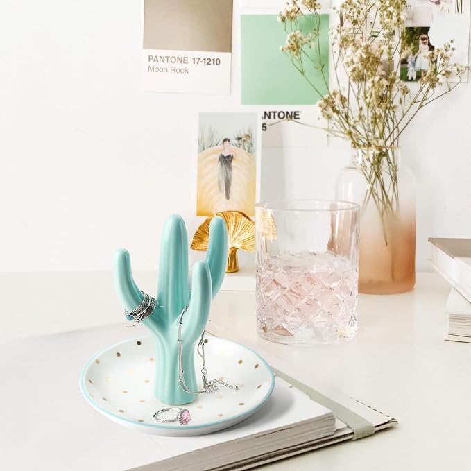 PUDDING CABIN Cactus Ring Holder, Birthday Gift for Women Her Mom Friend Female, Macaron Jewelry Dish with Dots Ins Room Decor Jewelry Dish for Rings Earrings Bracelets Necklace Organizer…