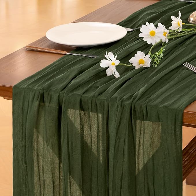 Cheesecloth Table Runner Fall Boho Wedding Birthday Party Home Decor | Olive Green 10pcs Rustic Gauze 10FT Cheese Cloth Sheer Farmhouse Dining Runner for Baby Shower Bridal Holiday Decorations