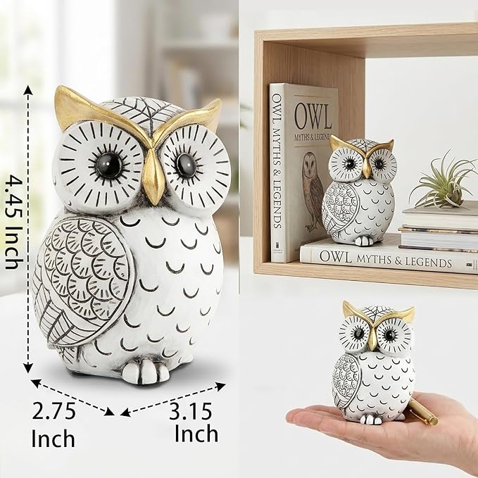 Smadeer Black and White Owl Statue, Small Resin Owl Boho Shelf Decor