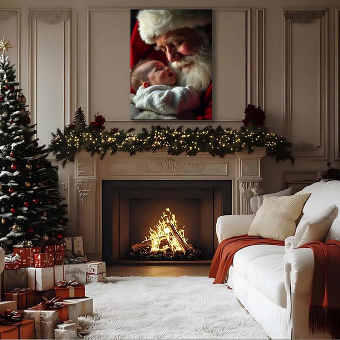 Festive Santa with Baby Christmas Canvas Poster 16x24inch - Warm Holiday Indoor Wall Decor, Framed Wall Art for Living Room, Bedroom, Dining Area & Bathroom, Christmas Home Decor