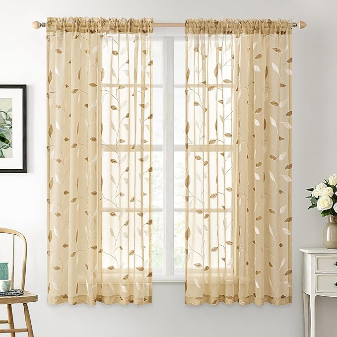 MIULEE Khaki Sheer Curtains 2 Panels Embroidered Leaf Patterned, W52 x L45 | Embroidered Floral Semi Sheer,Rod Pocket,Faux Linen,Short Window Curtains Drapes Set for Kitchen/Bathroom/Cafe