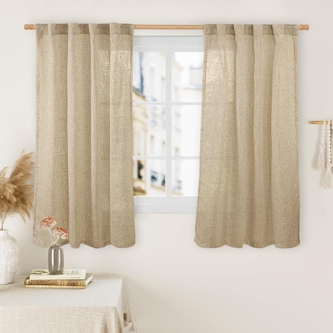 54 Inch Semi Sheer Window Linen Curtains, Light Filtering Panels | Faux Linen Textured, Rod Pocket Back Tab, Neutral Drapes for Bedroom, Living Room, Kitchen, Brown, 2 Panels, 34 x 54 Inch