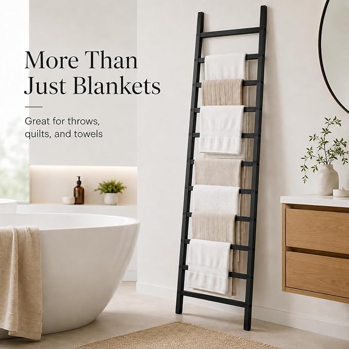 FUIN Blanket Ladder, 24 in Wide 11-Rung Solid Wood Rustic Decor Rack, Black | 11 rungs and 24in wide, Solid wood visible grain, Angled lean-to design, Anti-slip support, Living room and bathroom use