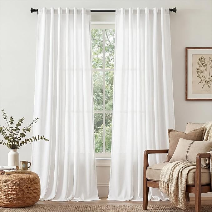 jinchan Linen Curtains Light Filtering Back Tab 50x96 Inch 2 Panels White | Semi Sheer Curtains 96 inch length for Bedroom Living Room, Modern Farmhouse Drapes with Rod Pocket, Natural Boho Curtains