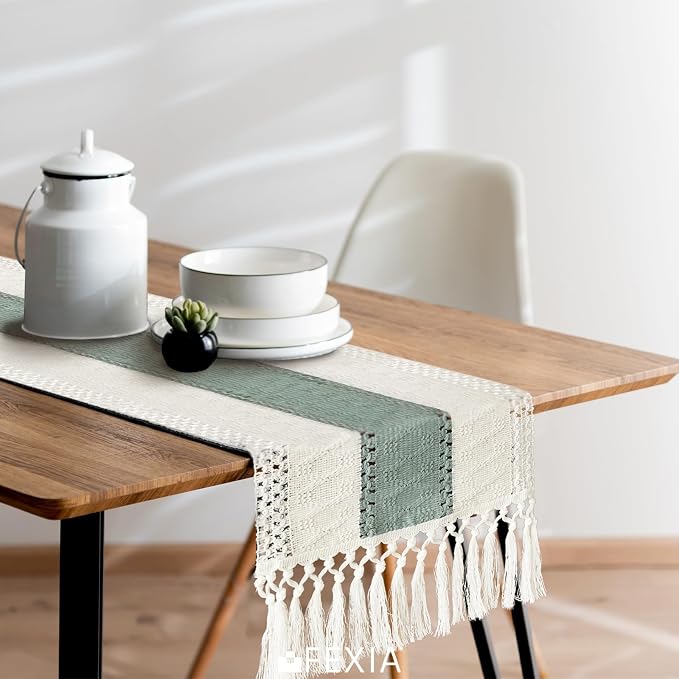 FEXIA Boho Table Runner for Home Decor 12x36 Sage Green Fall Decorations | 36 Inches Long with Tassels Rustic Macrame Farmhouse Table Cover for Wedding Party Bohemian Bridal Shower Dining Decorations