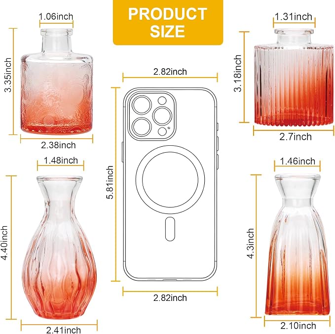 Glass Bud Vases Set of 4, Small Orange Flower Vases for Wedding Centerpiece | Clear Vintage Embossed Mini Vases for Table Decorations, Flower Arrangements in Vases for Party or Home Decor