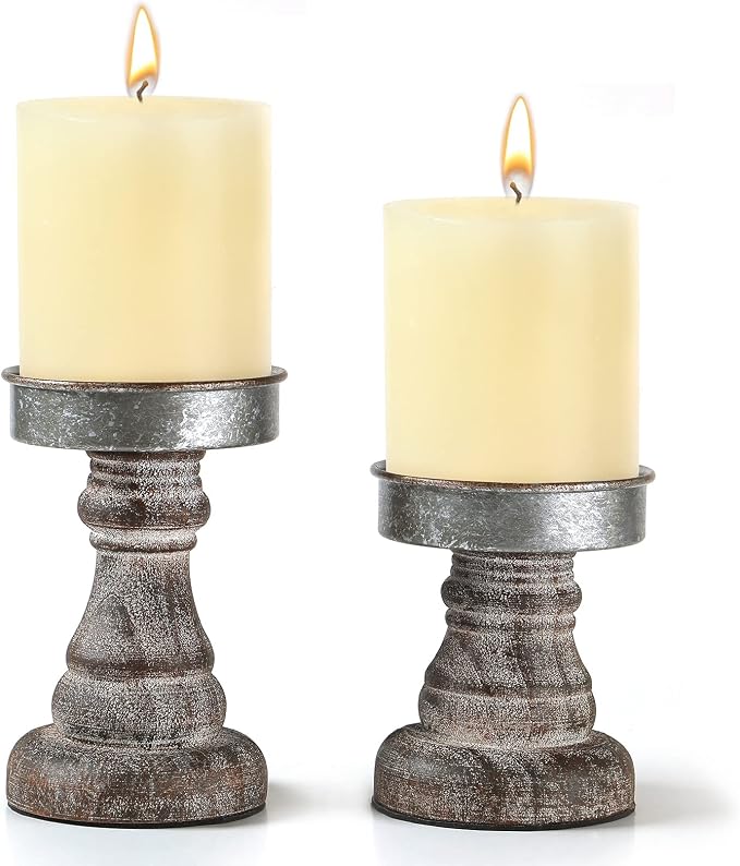 Distressed Wood & Metal Candle Holder, Set of 2 Modern Farmhouse Candlestick Holder, Farmhouse Table Decor, Rustic Decor for Mantel, Dining Table, Coffee Bar Centerpiece