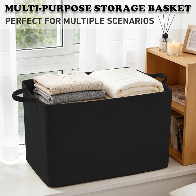 96L Woven Laundry Basket with Handles, Extra Blanket Basket,Black | 24"×16"×15" Collapsible Cotton Rope Storage Basket for Toys Clothes & Pillows, Nursery, Bathroom, Bedroom, Living Room