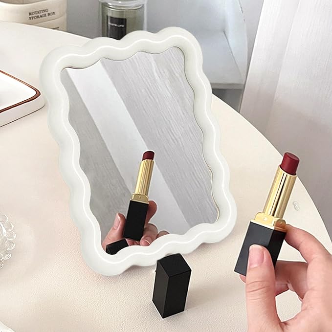 Wave Table Desk Vanity Makeup Mirror Small Make Up Office Mirror White | Desk Decor,Cute Mirror,Cute Desk Accessories,Mini Mirror,for Standing Hanging,6.7X5.3Inch,Home Decor