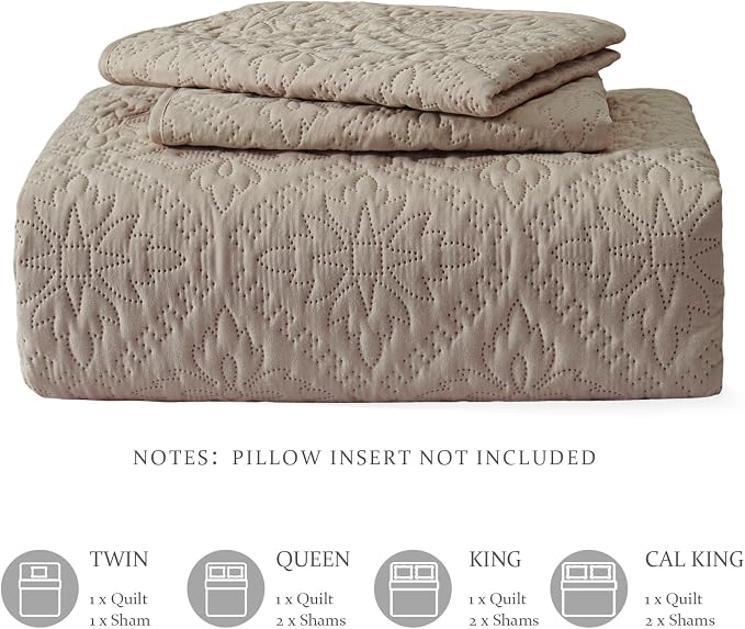 Exclusivo Mezcla Full Queen Quilt Set, Taupe | Lightweight Soft Bedspreads Coverlets, All Season Bedding with 2 Pillow Shams, Modern Style for Bedroom Guest Room