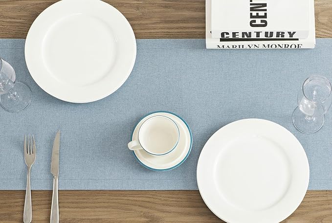 ZeeMart Basic Linen Style Table Runner, 14x72 Inch Chambray Blue | Mitered Corner Design, Medium Weight Fabric, Rustic Farmhouse Style, Machine Washable Easy Care Everyday Table Scarf