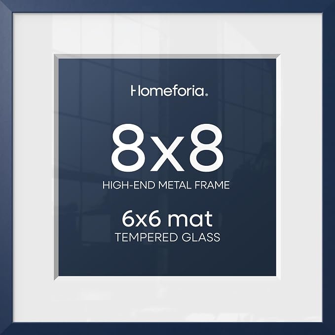 Homeforia 8x8 Blue Picture Frame, High-End Metal, 6x6 Mat, Glass
