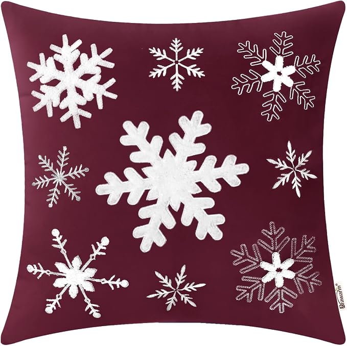 BRAWARM Christmas Pillow Cover 18 X 18 Inches, Burgundy Snowflake Embroidered Pillow Cover, Soft Velvet Decorative Throw Pillow for Couch Bed Sofa Living Room Home