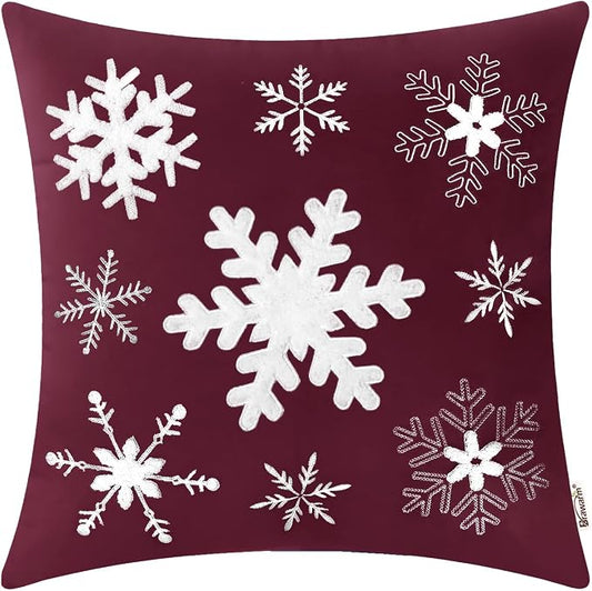 BRAWARM Christmas Pillow Cover 18 X 18 Inches, Burgundy Snowflake Embroidered Pillow Cover, Soft Velvet Decorative Throw Pillow for Couch Bed Sofa Living Room Home